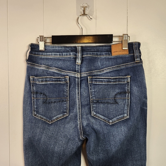 American Eagle High Rise Jeggings Crop Skinny Jeans Frayed Stretchy Dark Size 10 - Picture 7 of 14